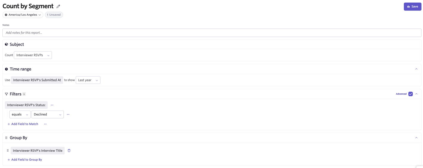 A screenshot of a count by segment report answering the question 'Which jobs or interviews have the highest decline rates?'