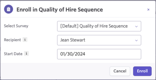 Screenshot showing the Quality of Hire enrollment dialog with the Enroll button Screenshot showing the Quality of Hire enrollment dialog with the Enroll button