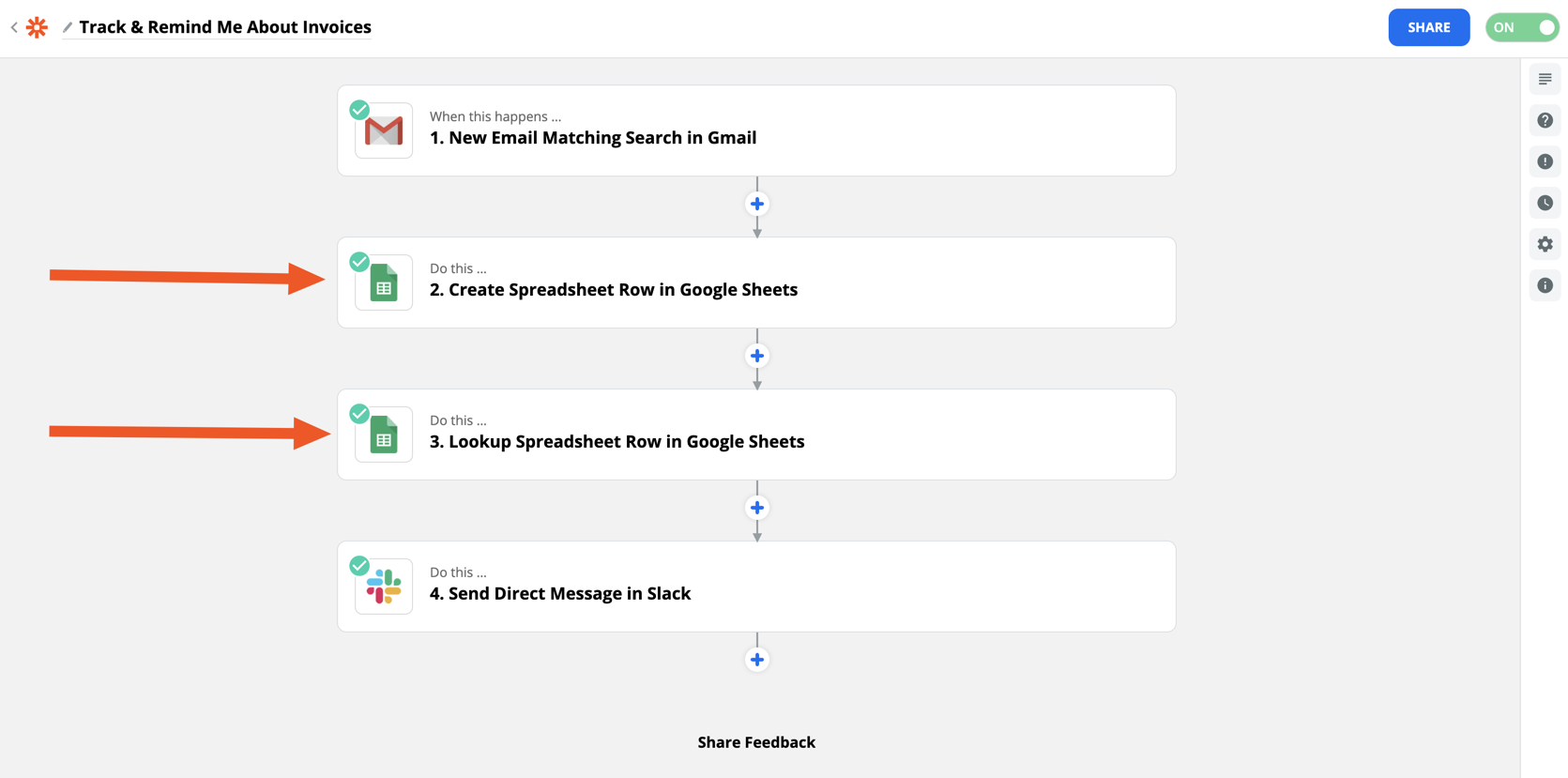 Example of a Zap with a Google Sheets Create Spreadsheet Row action followed by a Lookup Spreadsheet Row action