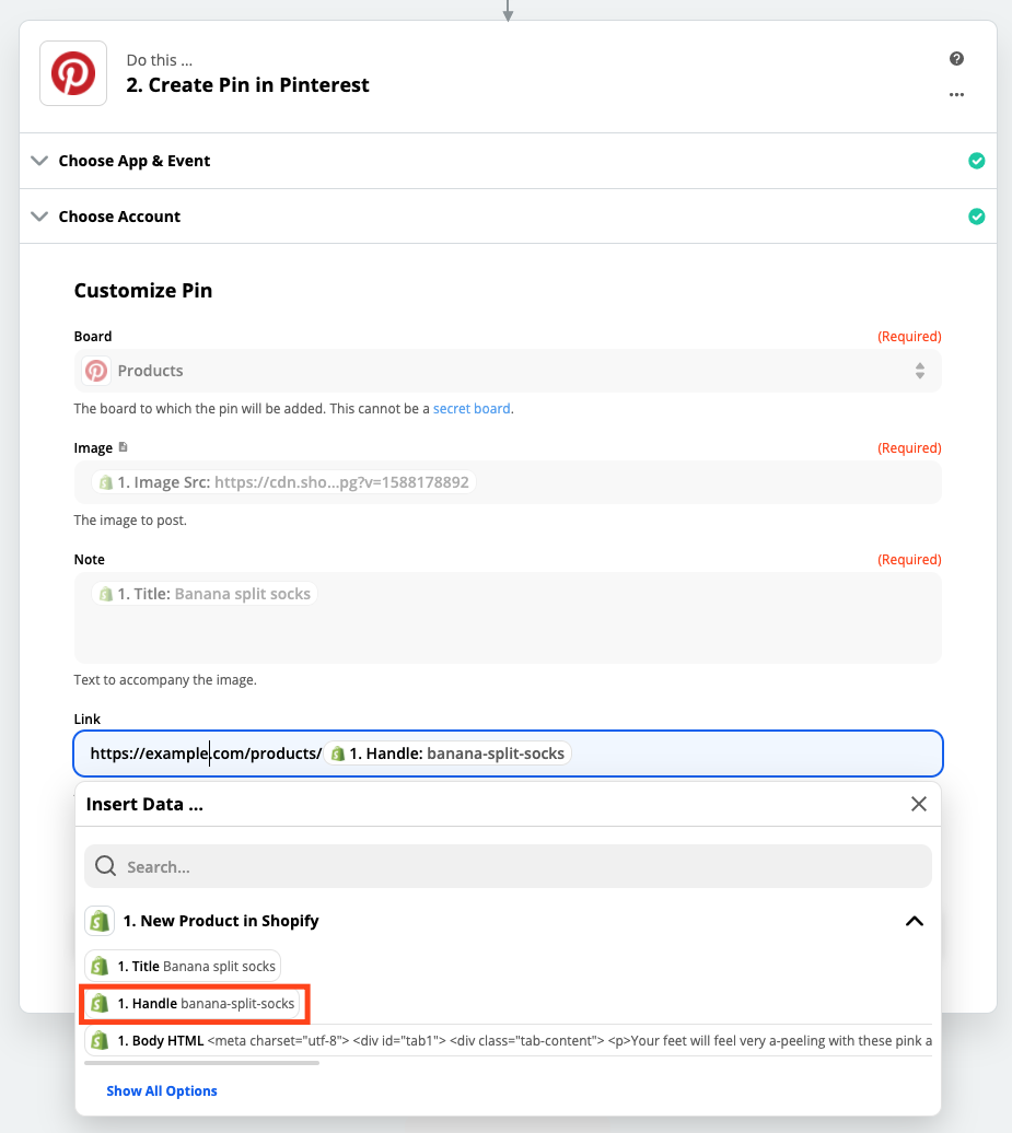 A screenshot of the Zap Editor highlighting the Link text box. A custom URL has been typed in the box and the Handle data field immediately follows.