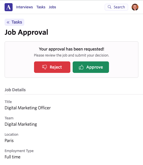 The approval details on Ashby mobile. The approval details on Ashby mobile.