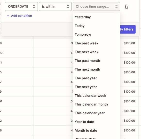 The dropdown field for is within rule showing some of the available time ranges