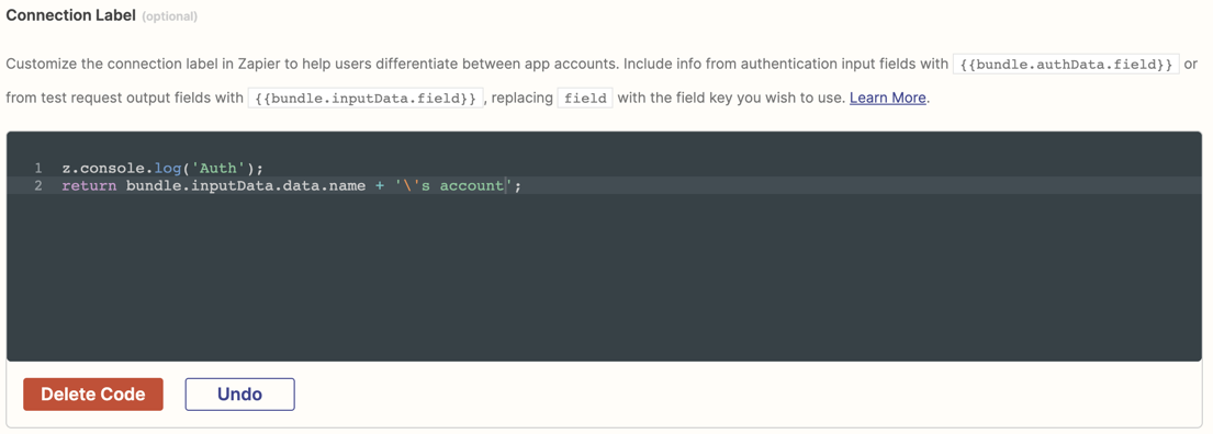 Zapier connection label with code