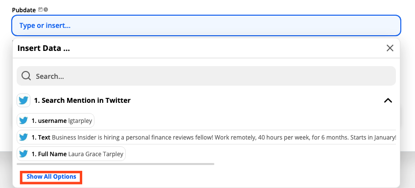 A screenshot of the Pubdate field. Under the Insert Data... dropdown menu, the Show All Options link is highlighted.