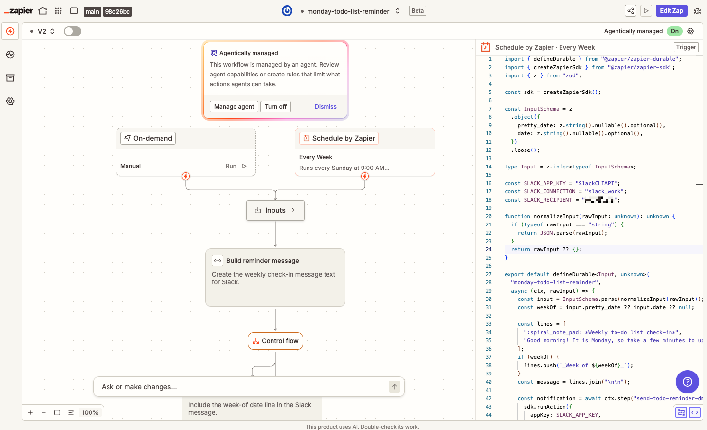 The Workflow Manager, showing the top menu, the far left sidebar, a workflow on the canvas, and the code editor