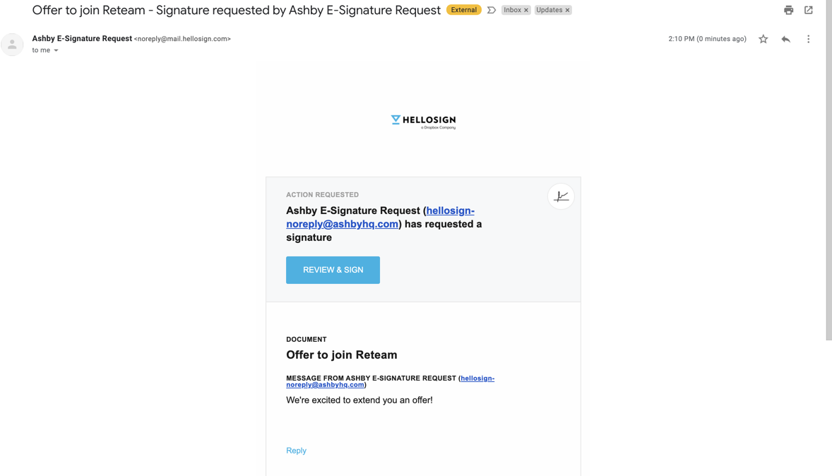 Shows an example e-signature offer email to a candidate Shows an example e-signature offer email to a candidate