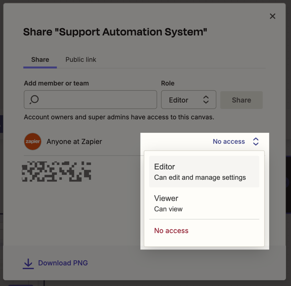 the Share dialog box open showing roles for the entire zapier account