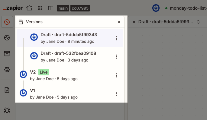 The Versions sidebar listing version 2 marked Live and version 1, beside the workflow outline on the canvas