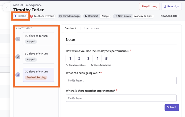 Screenshot showing a Quality of Hire enrollment with Enrolled status and three survey steps marked Skipped, Skipped, and Feedback Pending Screenshot showing a Quality of Hire enrollment with Enrolled status and three survey steps marked Skipped, Skipped, and Feedback Pending