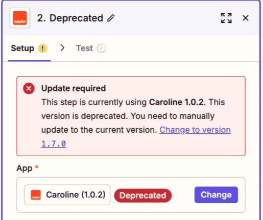 Zap step showing an app with a Deprecated tag and an update required notice