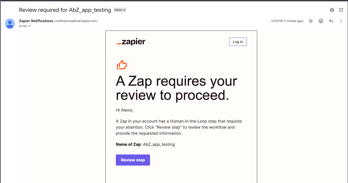 Email notification titled