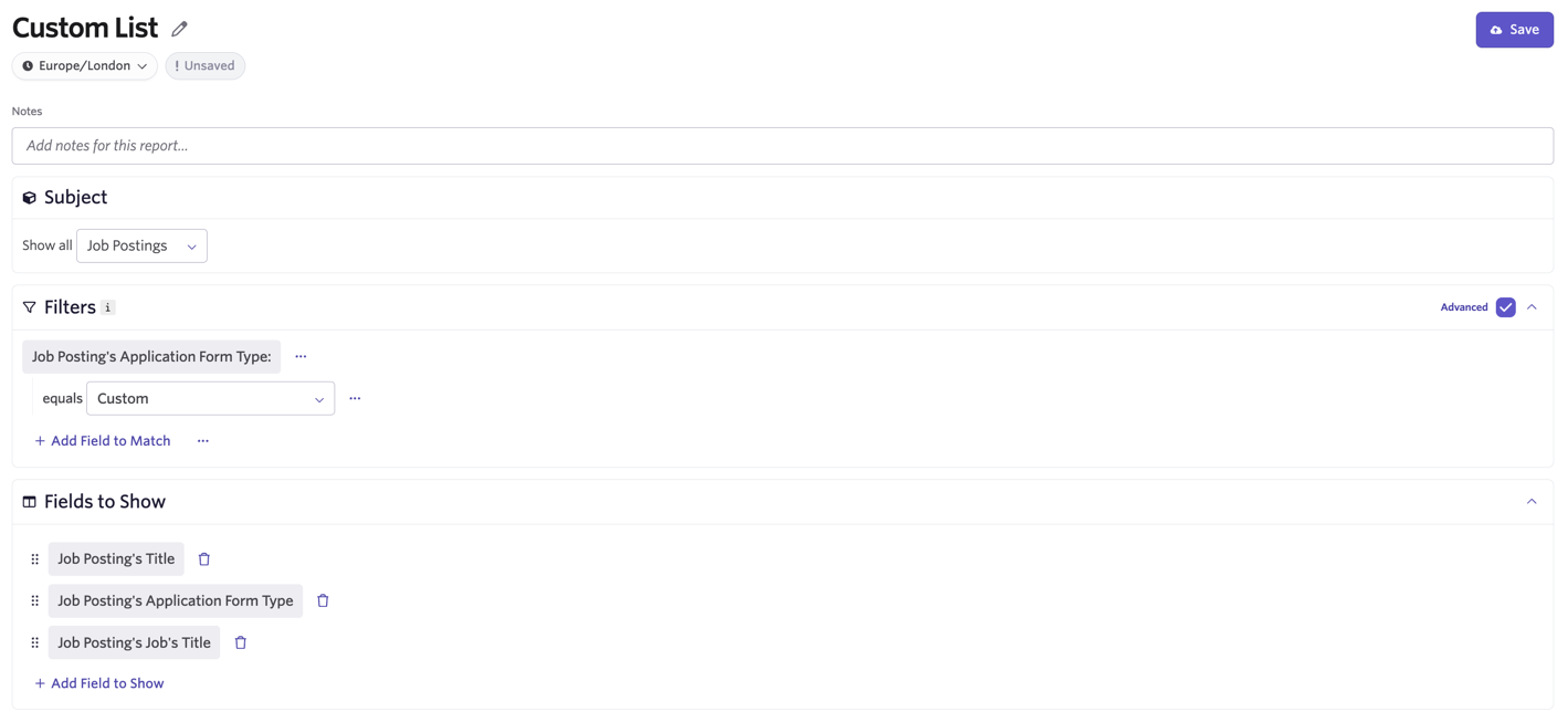 Screenshot of a custom list report in Ashby Report Builder filtered to show job postings with a custom application form