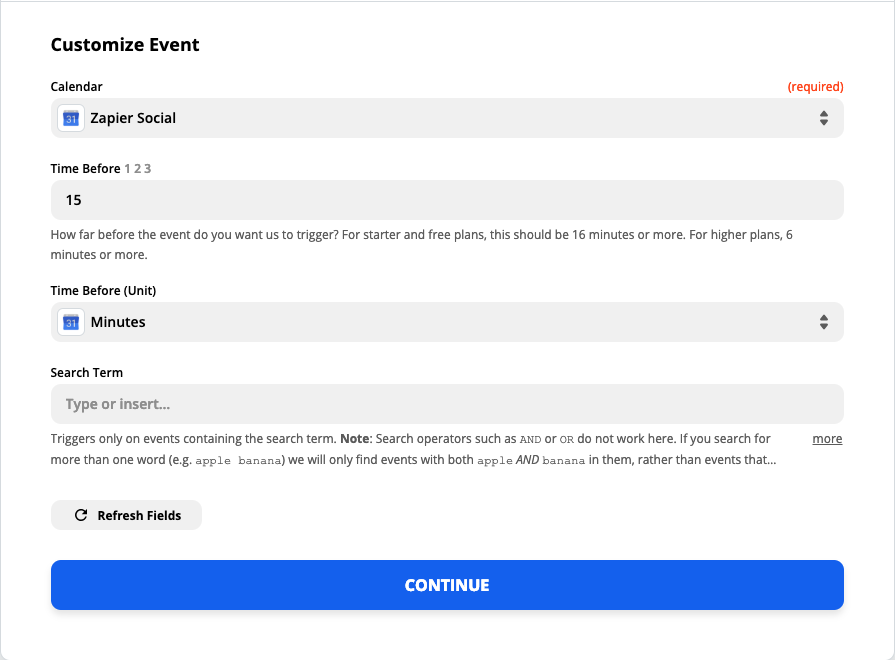 A screenshot of the Customize Event step in the Zap Editor.