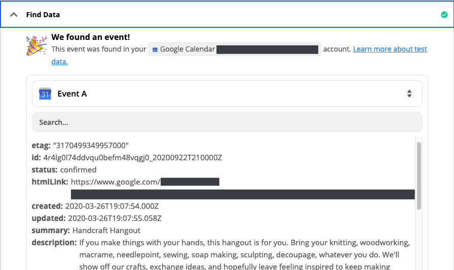 A screenshot of test Google Calendar data in the Zap Editor.