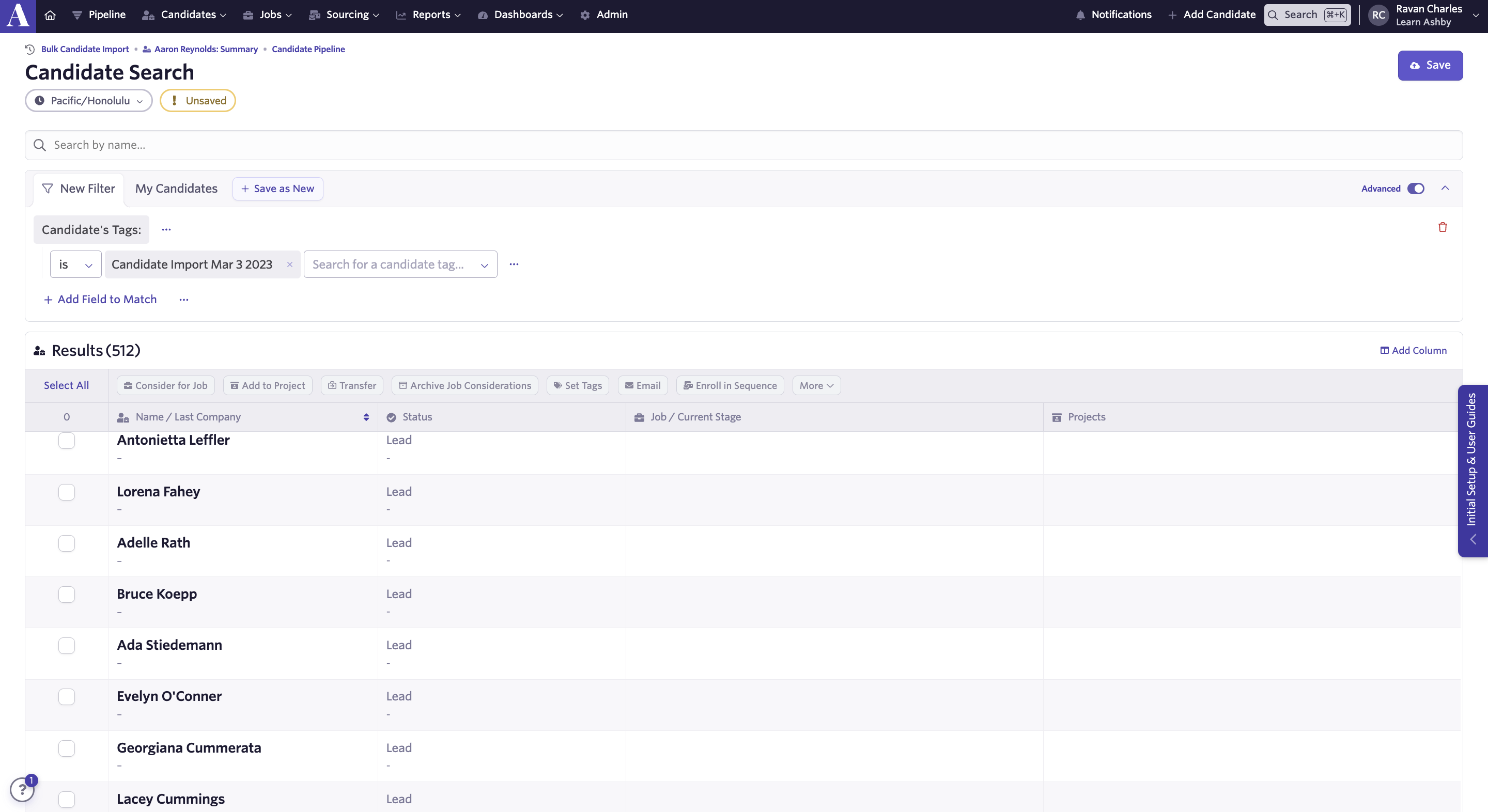 Screenshot of the Candidate Search showing candidates uploaded as leads. Screenshot of the Candidate Search showing candidates uploaded as leads.