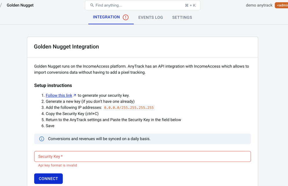 API validation error in AnyTrack dashboard