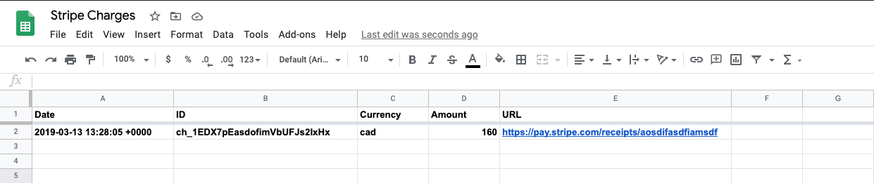 Once you run a test, a row will be added to your Sheet using the sample data from your Zap.