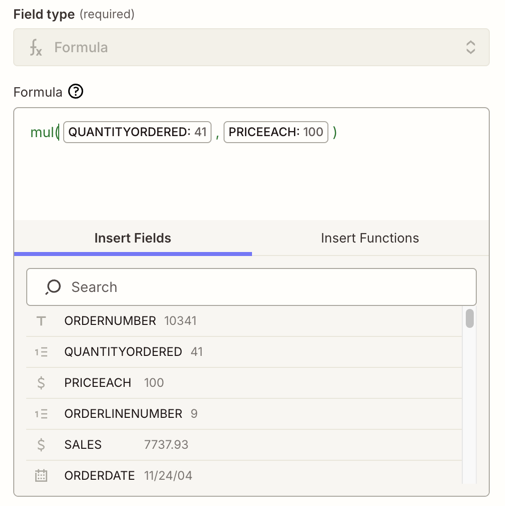 A simple formula using MUL to multiply QUANTITYORDERED by PRICEEACH to calculate total order amount