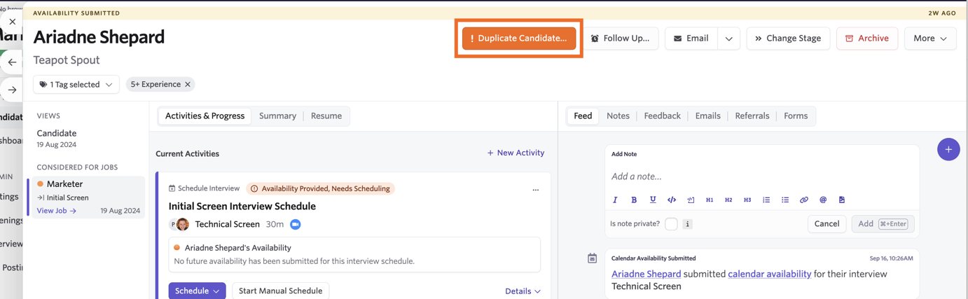 Screenshot of a candidate profile showing the Duplicate Candidate button to the left of the Follow Up, Email, Change Stage, Archive, and More options.