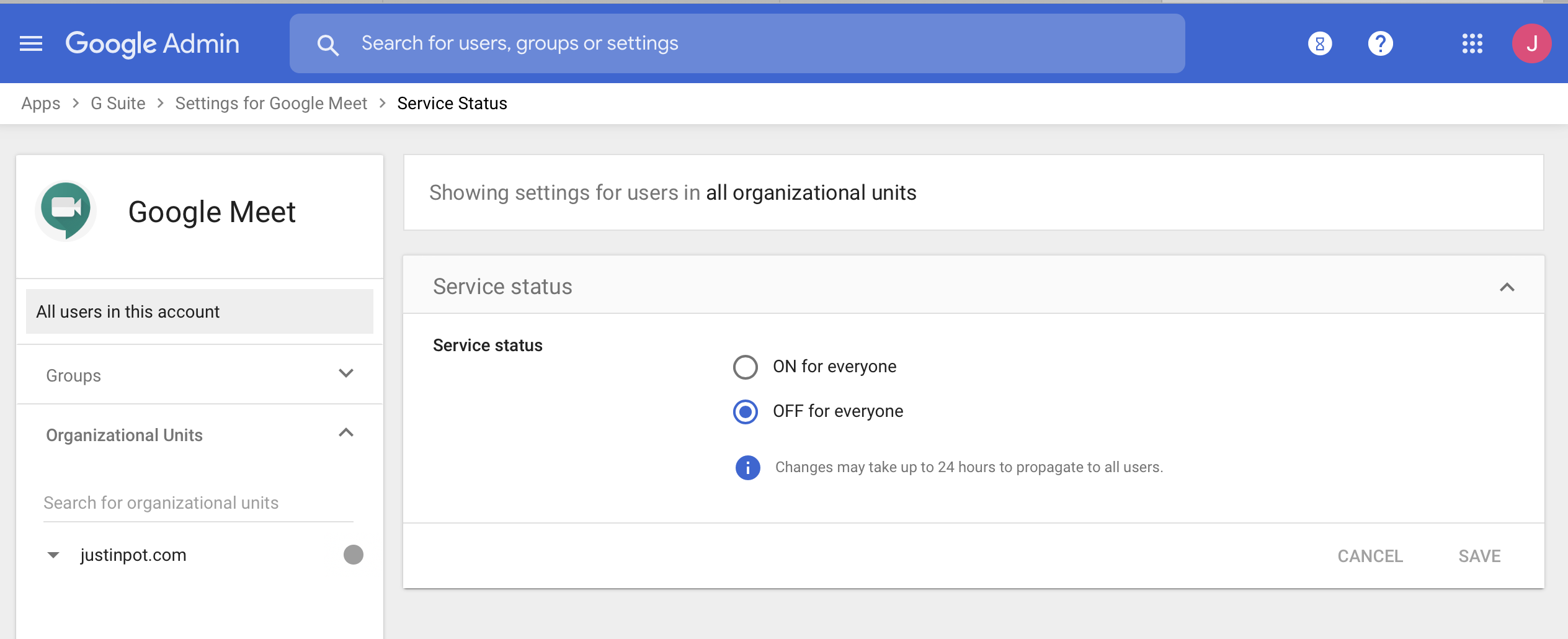 Turn off Google Meet in Google admin