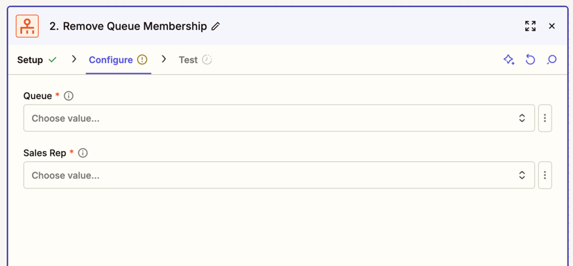 Remove Queue Membership Configure tab showing Queue and Sales Rep fields