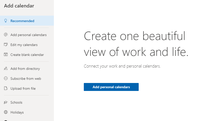 Add personal calendars in Outlook.com