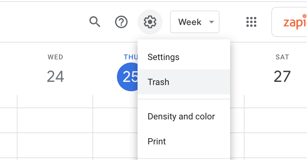 Click the gear icon and then Trash to get to the Trash in Google Calendar