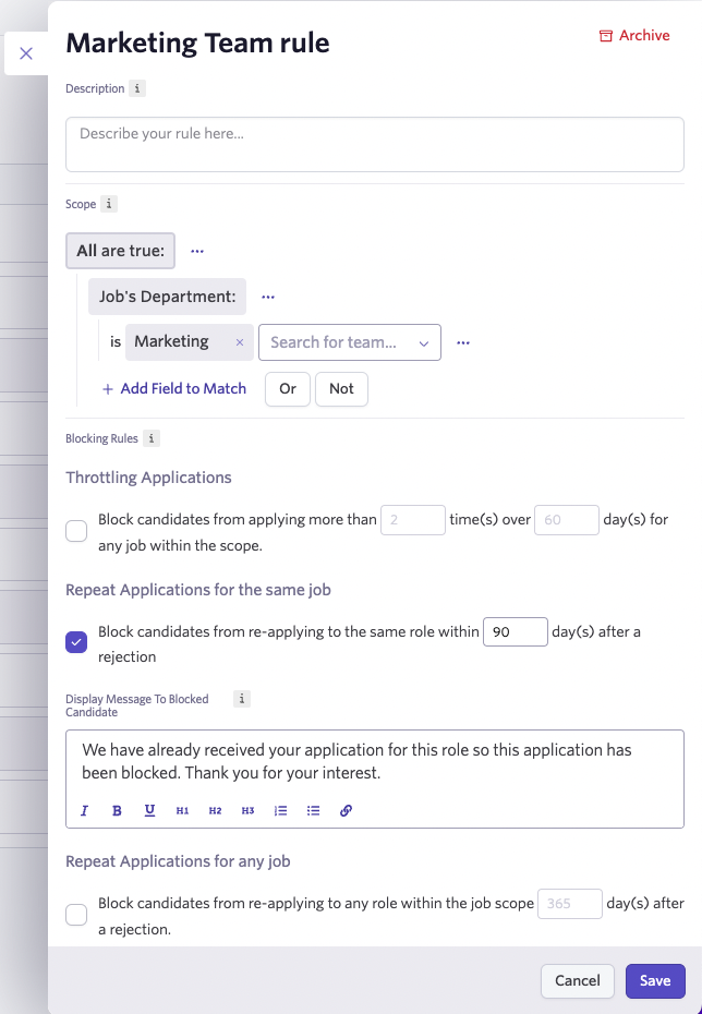 Shows adding a specific department to the scope.