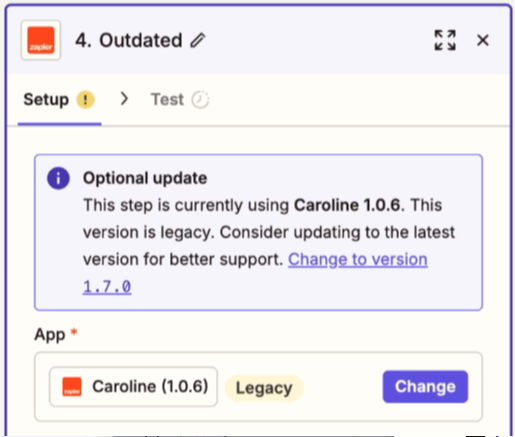 Zap step showing an app with a Legacy tag and an optional update notice