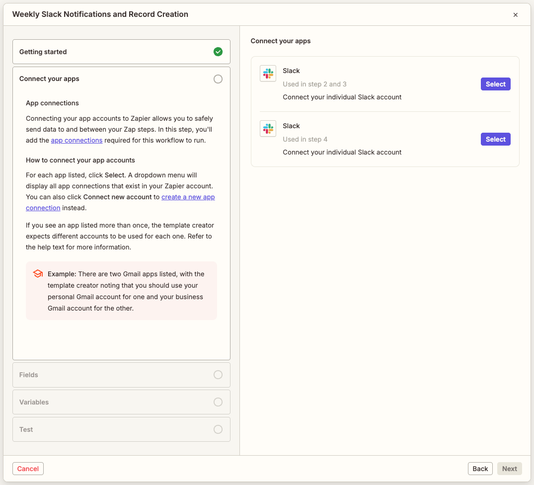 View of the guided template wizard open to the Connect your apps section. The left panel displays help information and an outline of the sections in the wizard. The right panel displays all unique app connections used in the Zap with help text entered. In the bottom right corner is a Next button.