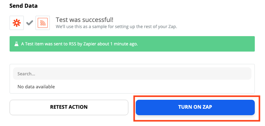 A screenshot of the Zap editor with a box around the Turn On Zap button.