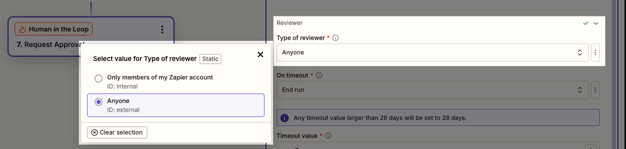 Selecting the type of reviewer wtih dropdown menu displaying 'Only members of my Zapier account' and 'Anyone' options