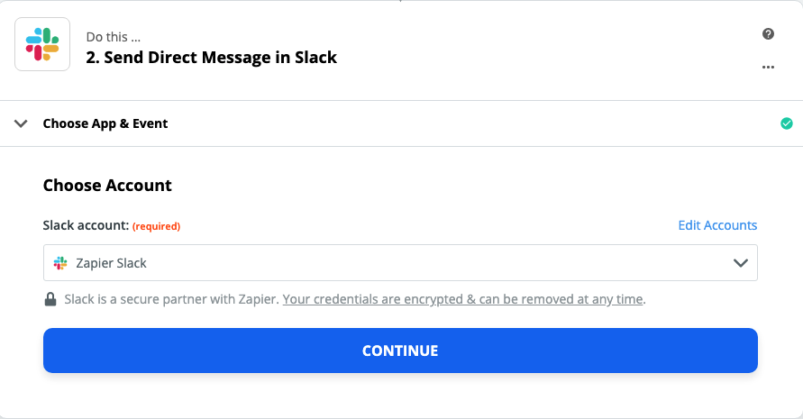 A screenshot of a Slack account selected in the Zap editor.