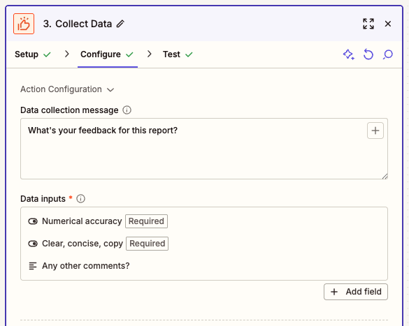 Action configuration fields displayed in the Collect Data action