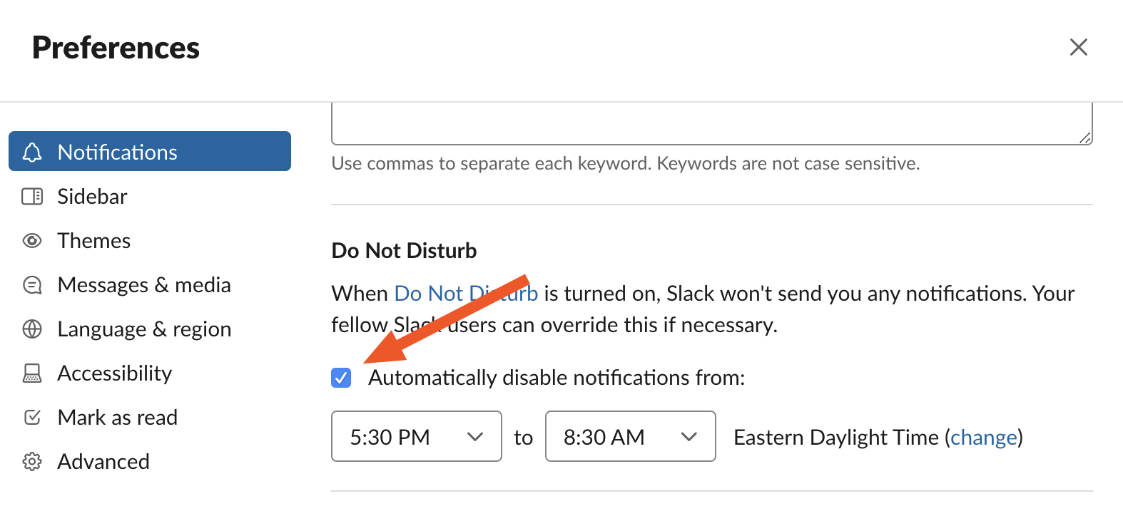 Setting the Do Not Disturb hours on Slack