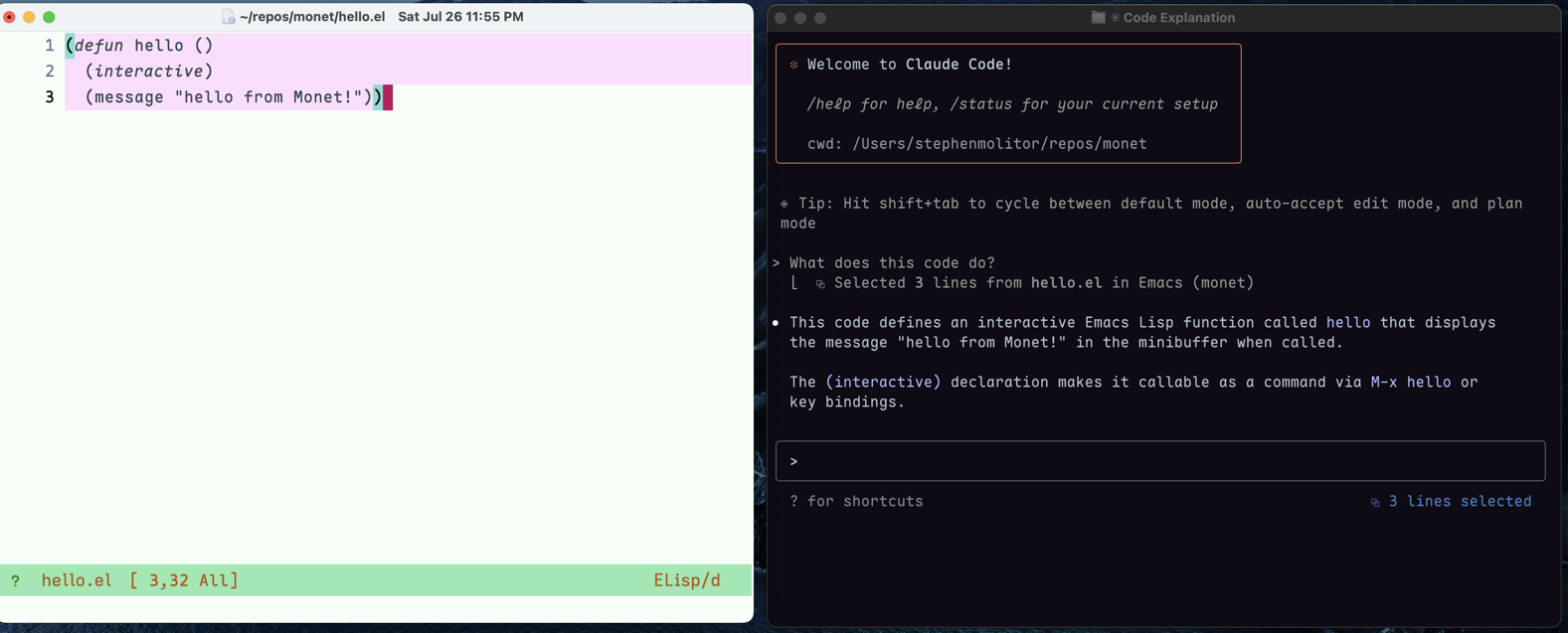Claude running in Ghostty communicating with Emacs
