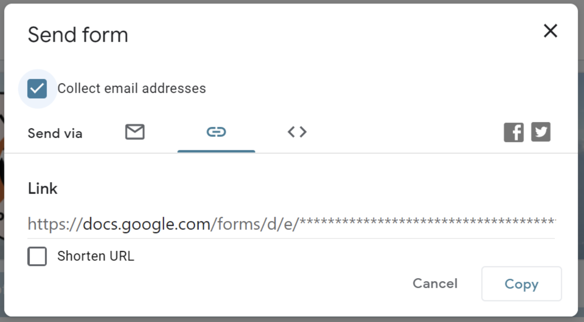 A screenshot of the link sharing options in Google Forms
