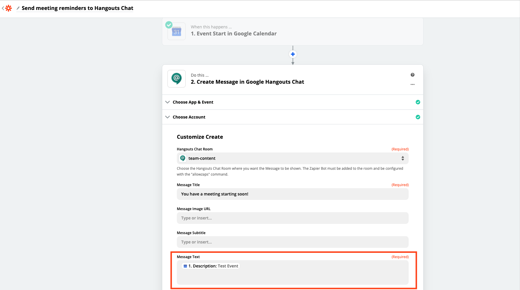 A screenshot of the Zap Editor showing where to customize the message text for your Hangouts Chat meeting reminder.