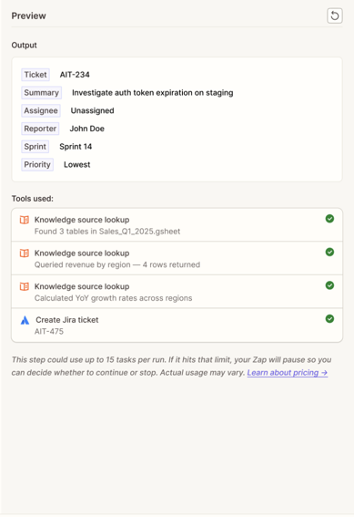 Preview panel showing output fields and tools used