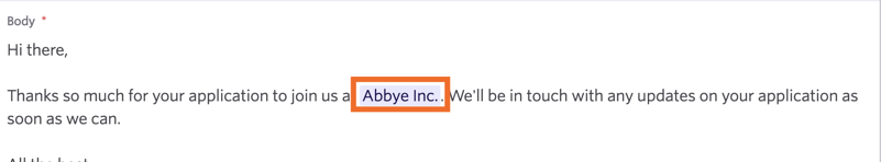 A substitution token pulling the company's name from the Theme (Job Board) page. A substitution token pulling the company's name from the Theme (Job Board) page.