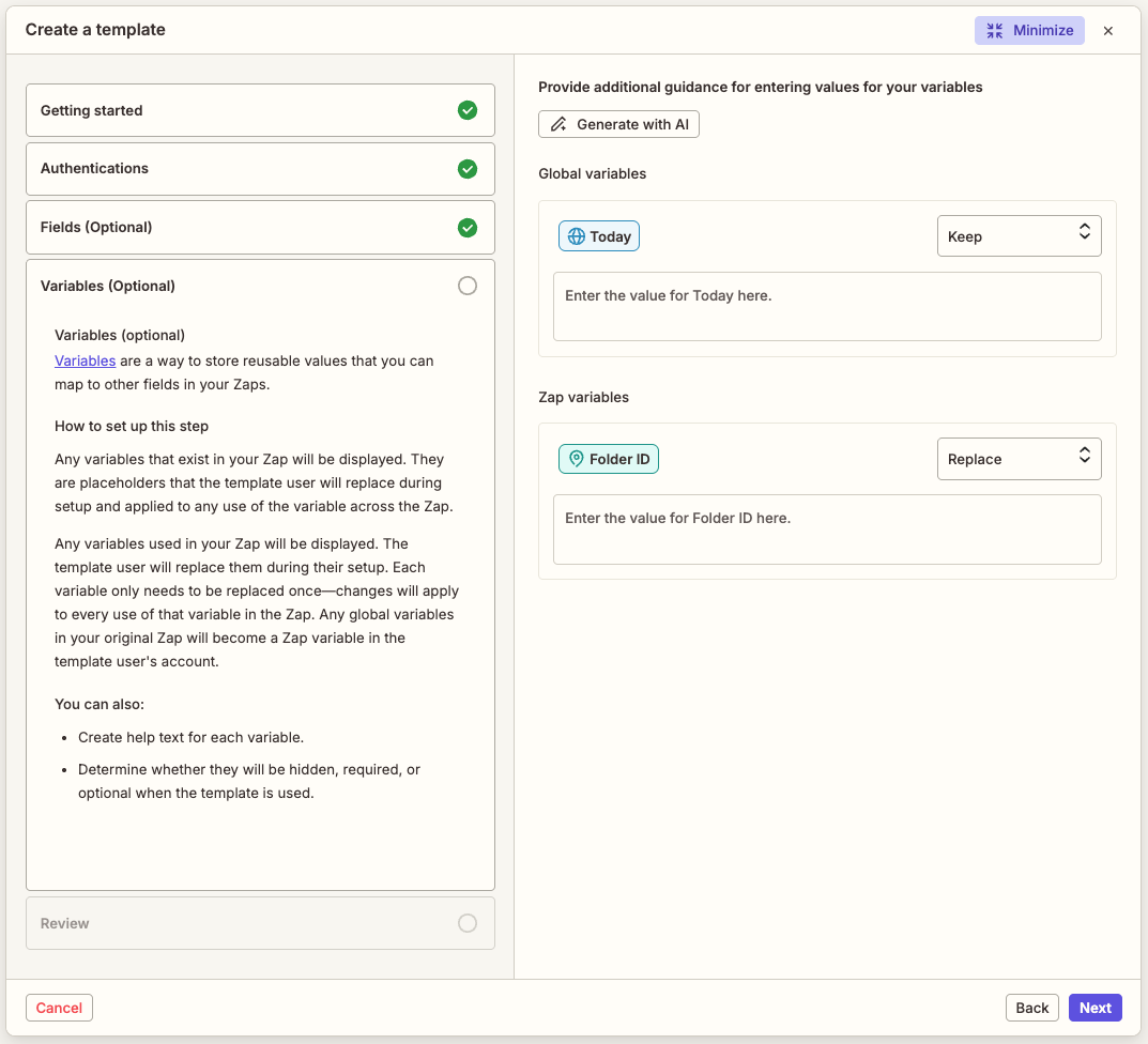 View of the guided template wizard open to the Variables section. The left panel displays help information and an outline of the sections in the wizard. The right panel displays all variables used in the Zap with help text entered. One variable's dropdown menu displays Keep selected and the other's displays Replace selected. In the top right corner is a Generate with AI button. In the bottom right corner is a Next button.