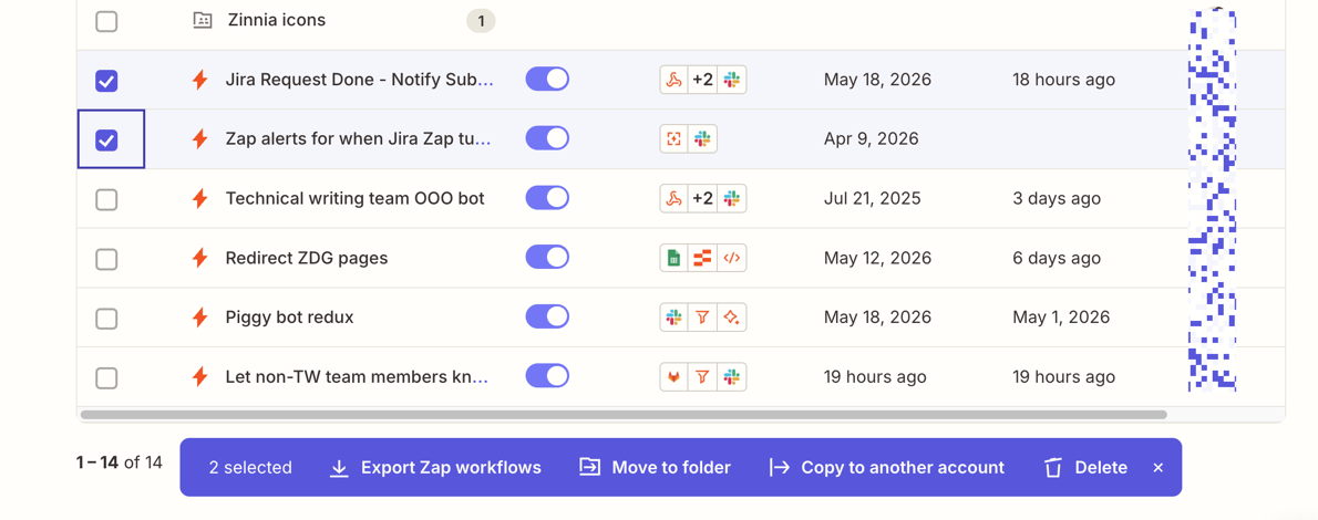 Screenshot of the Assets page with two Zap workflows selected and a menu bar at the bottom showing options including Copy to another account