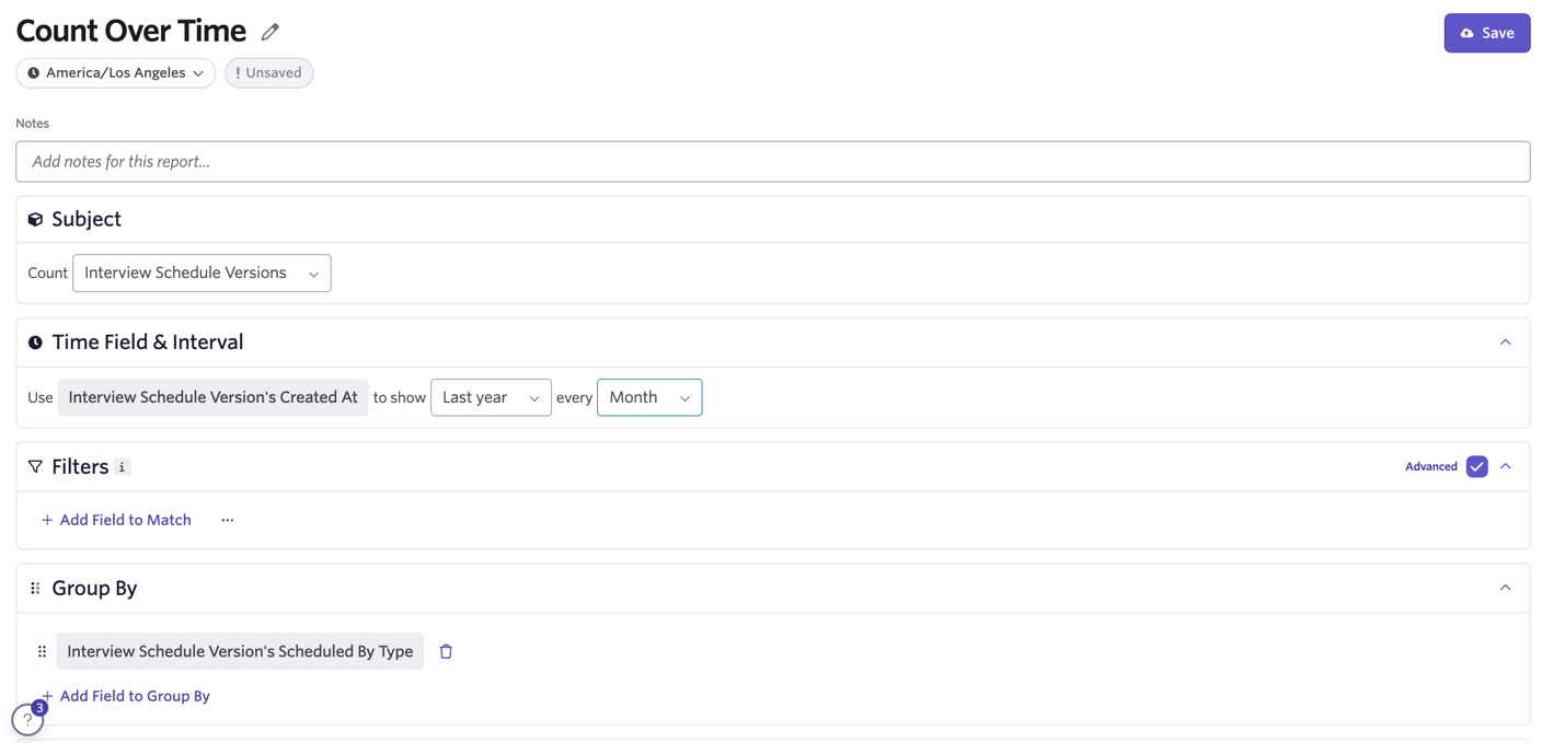 The screenshot shows a count over time report answering the question 'Across all interview scheduling activity, how much is your team using each scheduling method?'