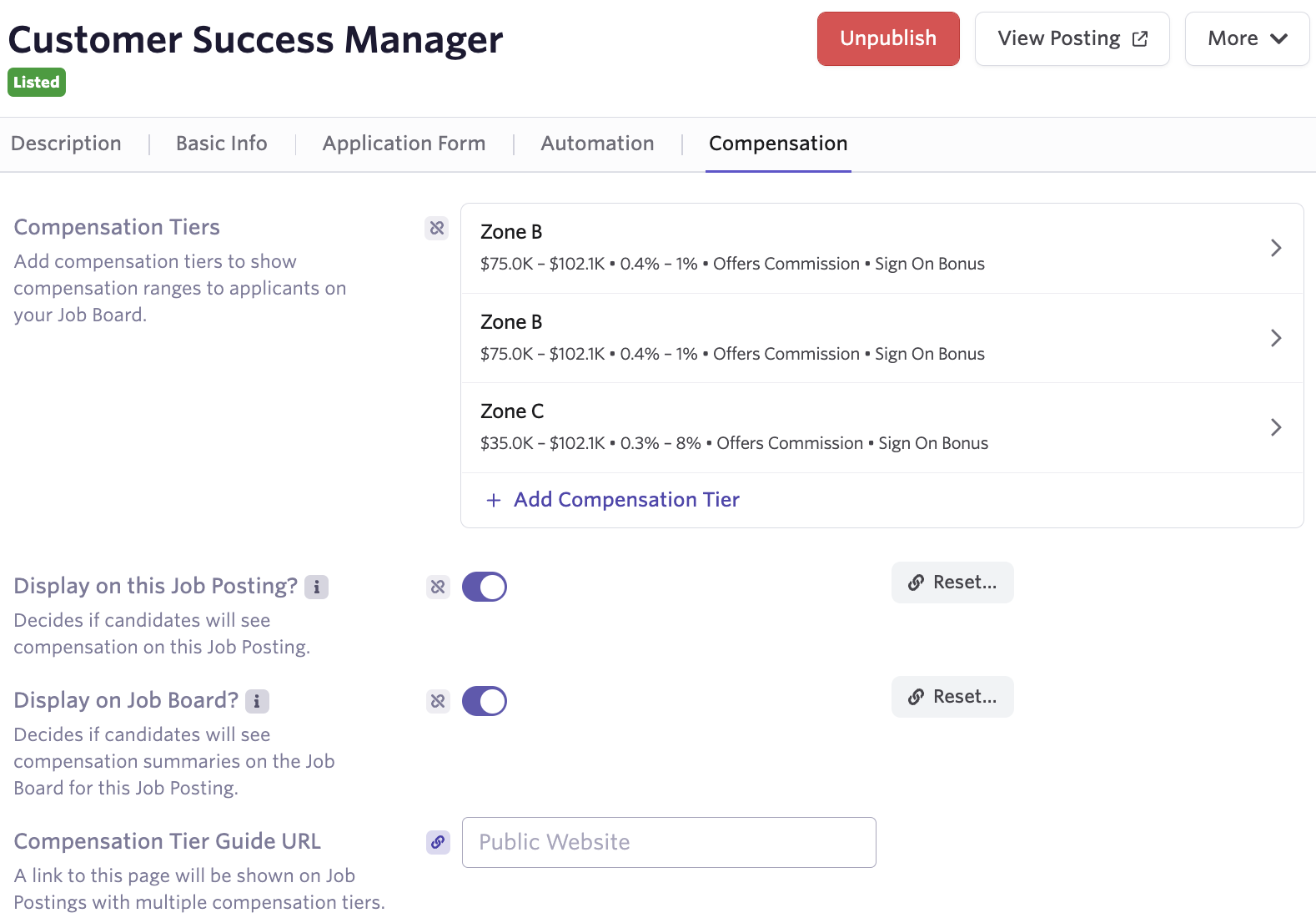 Screenshot of the Compensation section on the Job Posting settings tab Screenshot of the Compensation section on the Job Posting settings tab