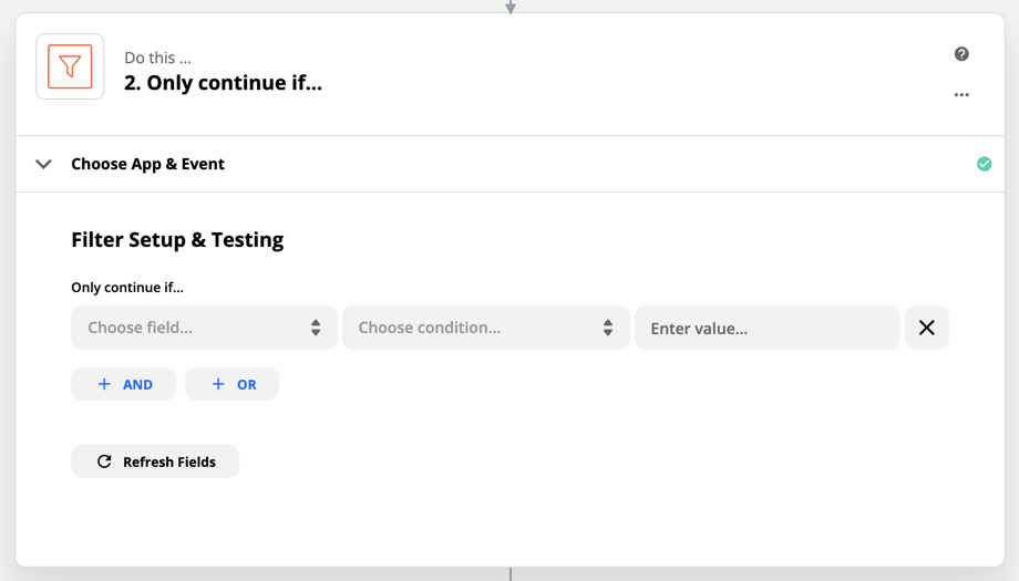 An example of a Filter step in a Zap, with no conditions set yet