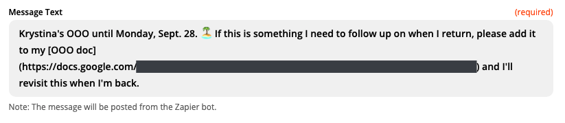 A screenshot of message text in the Zap Editor.