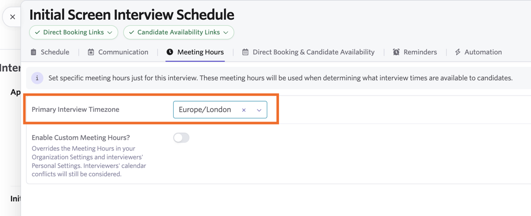 The Primary Interview Timezone field on a schedule interview activity. The Primary Interview Timezone field on a schedule interview activity.