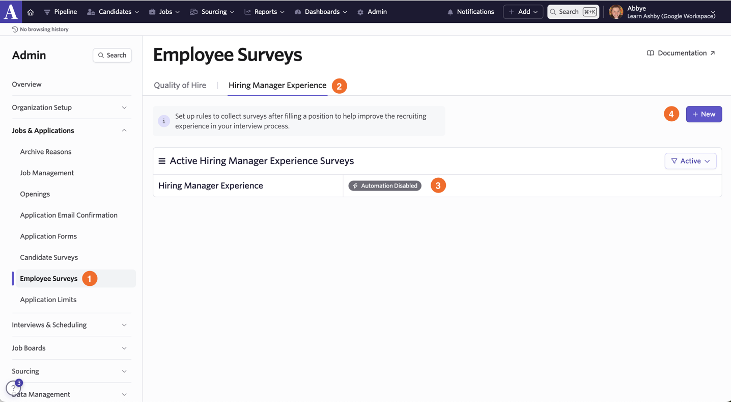 Shows the location of the hiring manager experience survey under Admin > Organization Setup > Employee Surveys. Shows the location of the hiring manager experience survey under Admin > Organization Setup > Employee Surveys.