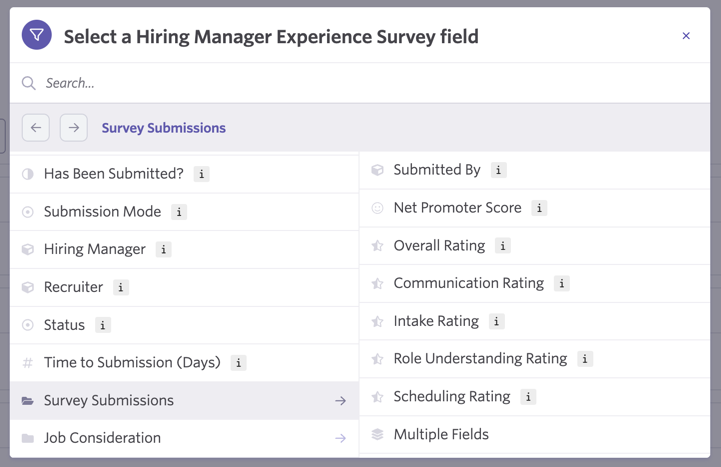 Shows the available fields under the HM Experience Survey subject. Shows the available fields under the HM Experience Survey subject.