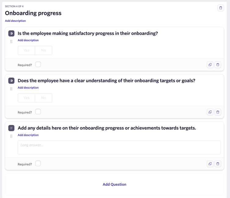 Screenshot showing an example Onboarding Progress section in the survey form editor Screenshot showing an example Onboarding Progress section in the survey form editor